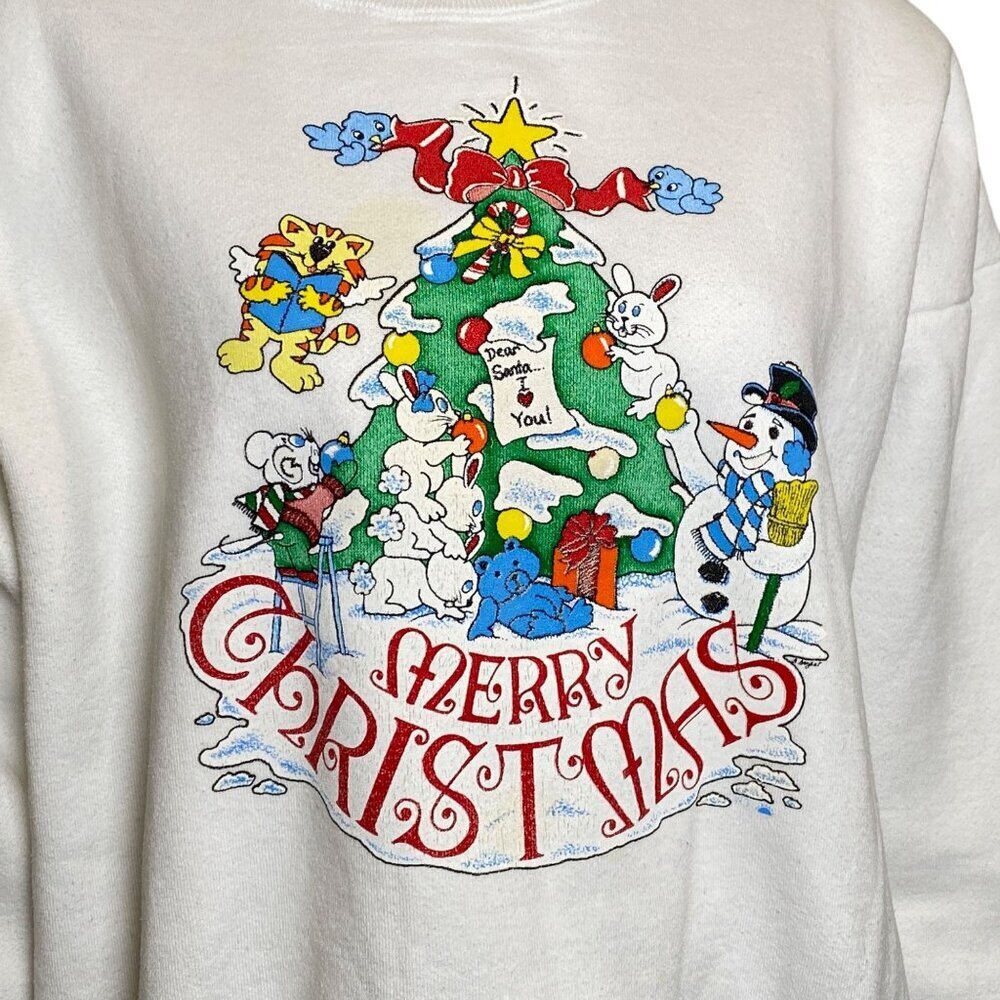 Vintage Merry Christmas Sweatshirt Womens Size XL White Crew Neck Made in USA - Picture 2 of 8